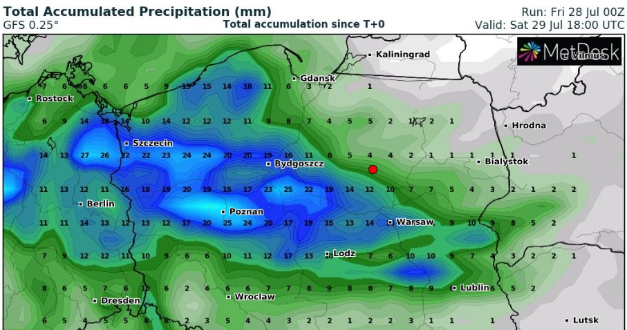 Sobota będzie deszczowa. Największe opady prognozowane są w centrum i na zachodzie kraju /wxcharts /