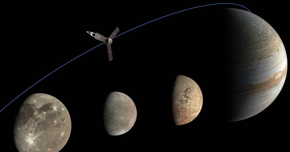 Sonda Juno i księżyce Jowisza /Image data: NASA/JPL-Caltech/SwRI/MSSS. Image processing: Kevin M. Gill (CC BY); Thomas Thomopoulos (CC BY) /materiały prasowe