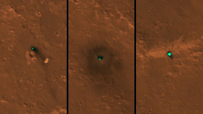 Spadochron (po lewej), lądownik InSight (w srodku), osłona termiczna (po prawej) /materiały prasowe