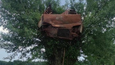 Spalony wrak auta zawisł na wierzbie. Jak się tam znalazł?