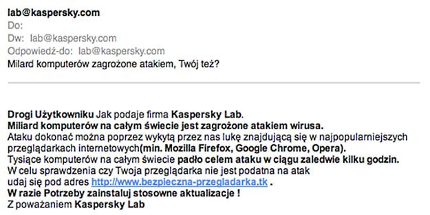 Spam podszywający się pod Kaspersky Lab /materiały prasowe