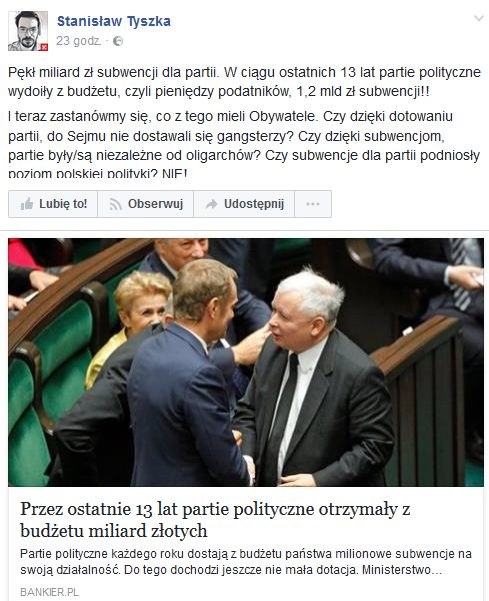 Sprawę subwencji skomentował Stanisław Tyszka /