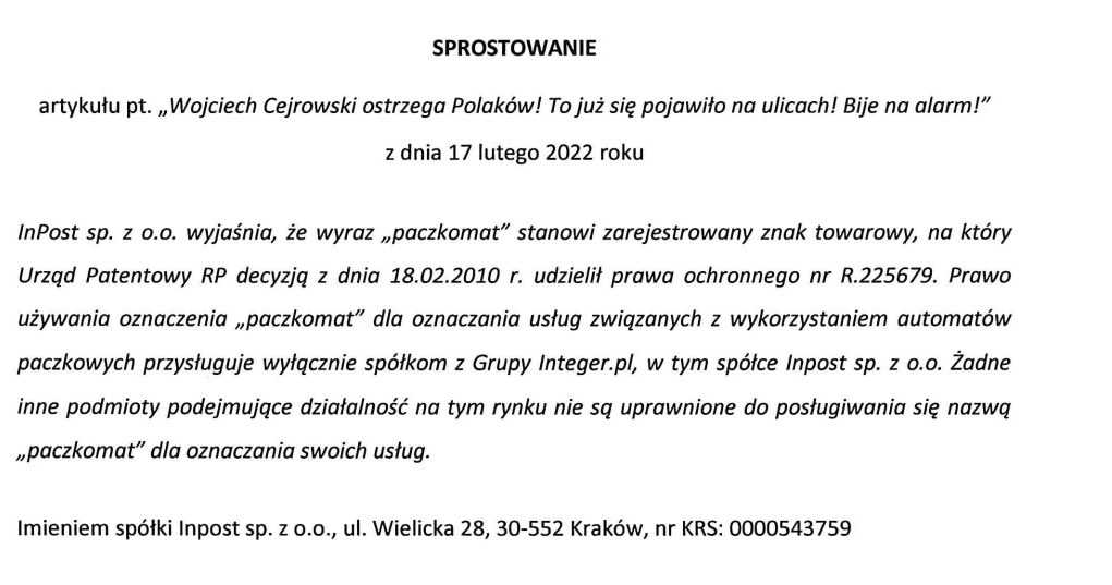 "Sprostowanie”  spółki Inpost sp. z o.o. /materiał zewnętrzny