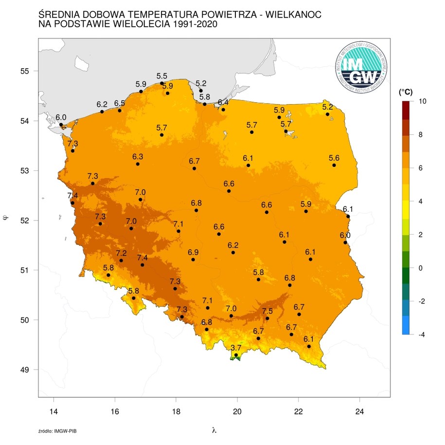 Średnia dobowa temperatura powietrza w Wielkanoc na podstawie wielolecia 1991-2020 /Instytut Meteorologii i Gospodarki Wodnej - IMGW PIB /