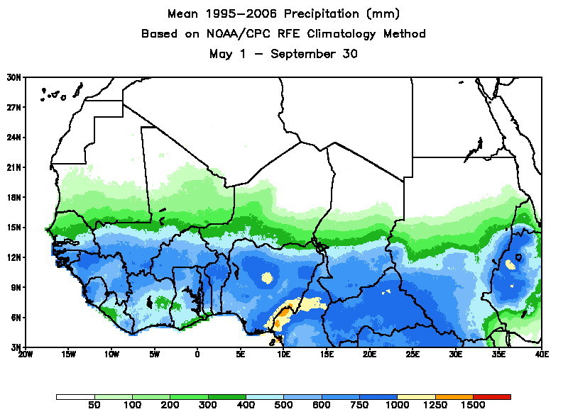 Średnia ilość opadów w okresie 1 maja – 30 września dla regionu Sahelu w latach 1995–2006 /Wikimedia Commons /domena publiczna
