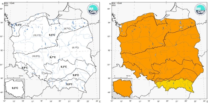 Średnia temperatura w Polsce w 2022 r. wynosiła 9,5°C. Najcieplej było na zachodzie kraju i Podkarpaciu /Instytut Meteorologii i Gospodarki Wodnej