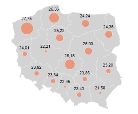Średnie ceny za 1 kg kiełbasy wędzonej w kwietniu 2022 roku w zależności od regionu Polski  (w złotówkach) /GUS /materiał zewnętrzny