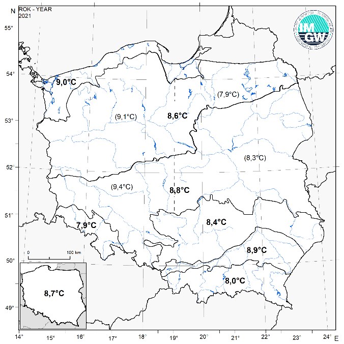 Średnie obszarowe rocznej wartości temperatury /IMGW-PIB / imgw.pl /domena publiczna