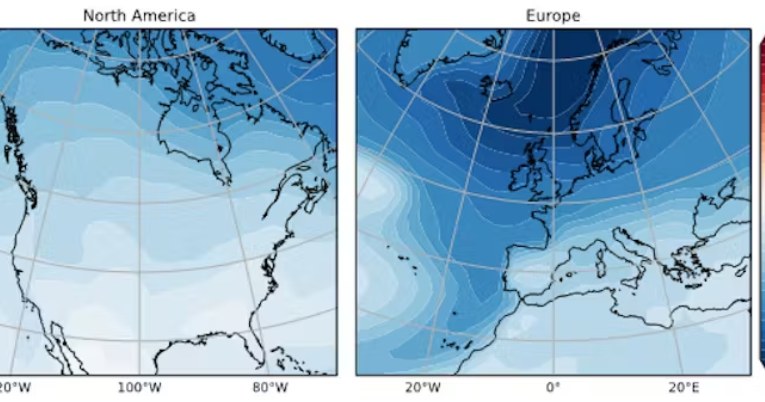 Średnie roczne zmiany temperatury po zatrzymaniu prądu morskiego odzwierciedlają ekstremalny spadek temperatury, szczególnie w Europie Północnej. /René M. van Westen/CC BY-ND 4.0 DEED (https://creativecommons.org/licenses/by-nd/4.0/) /materiał zewnętrzny