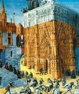 Średniowiecze, J. Fouquet, Budowa katedry, XV w. /Encyklopedia Internautica