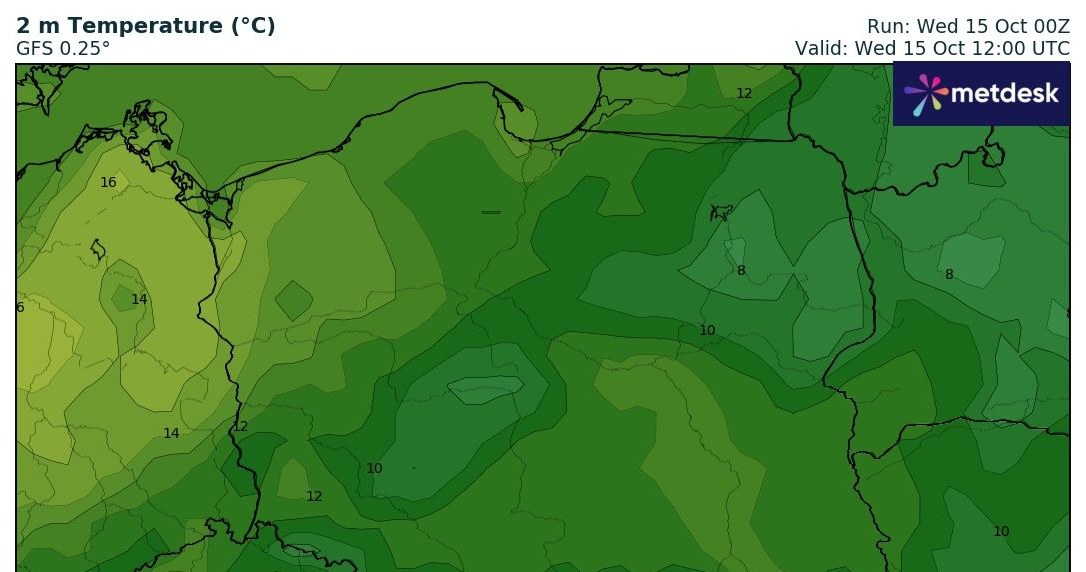 Środa będzie chłodna i w większości kraju można się spodziewać temperatur w okolicach 10 stopni Celsjusza /WXCharts /