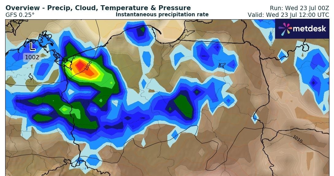 Środa będzie deszczowa i burzowa przede wszystkim na północnym zachodzie oraz na północy /wxcharts /