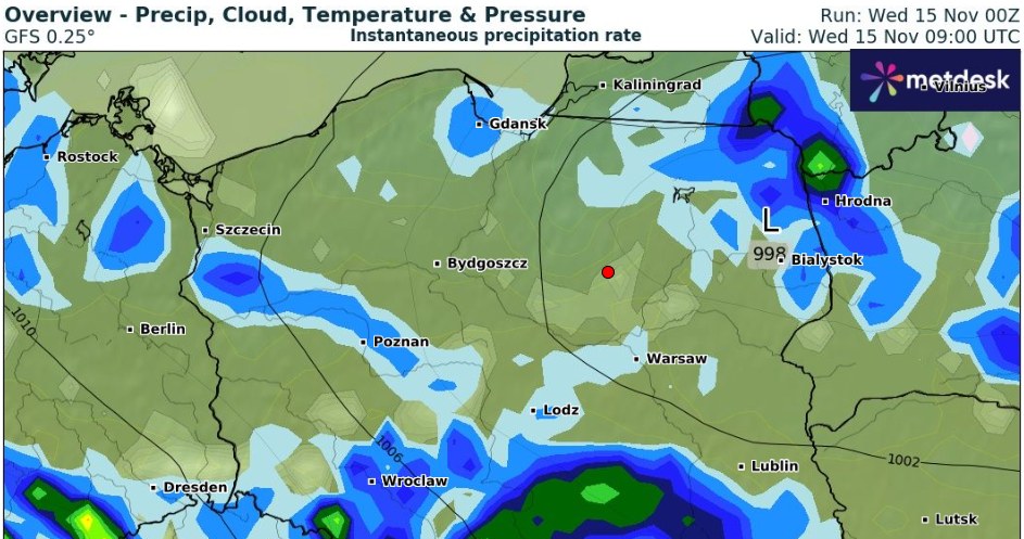 Środa będzie deszczowa. Najsilniejszych opadów należy oczekiwać na południu oraz na północy kraju /wxcharts /