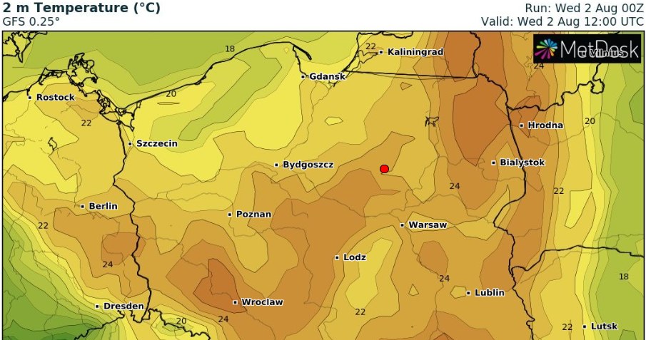 Środa będzie przeważnie słoneczna. Najcieplej będzie w rejonie Dolnego Śląska, w Wielkopolsce, na Mazowszu, Kujawach i Lubelszczyźnie /wxcharts /