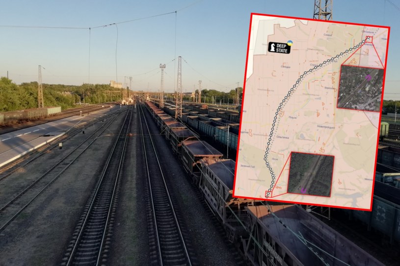 Stacja kolejowa w Wołnowasze. Tu od południa kończy się ponad 30-kilometrowa rosyjska linia umocnień zbudowana z ponad 2,1 tys. wagonów skradzionych z okupowanych terenów Ukrainy. /Shaleo.S/DeepStateUA/Canva Pro /Wikimedia