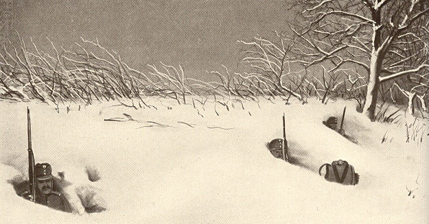 Stanowiska zasypane śniegiem, w takich warunkach toczono bój pod Limanową /Odkrywca