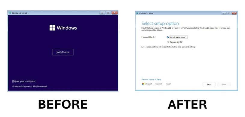 Stary (po lewej) i nowy instalator (po prawej) systemu Windows 11 /Microsoft /materiały prasowe