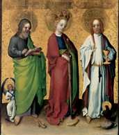Stephan Lochner, Święty Mateusz, Katarzyna z Aleksandrii i Jan Ewangelista, 1445 /Encyklopedia Internautica