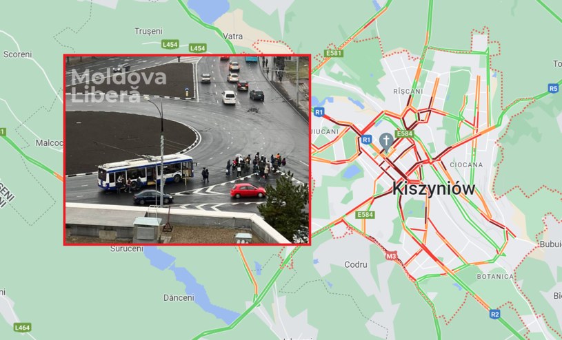Stolica Mołdawii jest częściowo sparaliżowana. Na mapie stan na godzinę 14:20 /Google Maps/Libera Moldova /INTERIA.PL