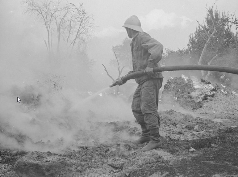 Strażak w akcji. Zdjęcie z 1968 roku /Z archiwum Narodowego Archiwum Cyfrowego