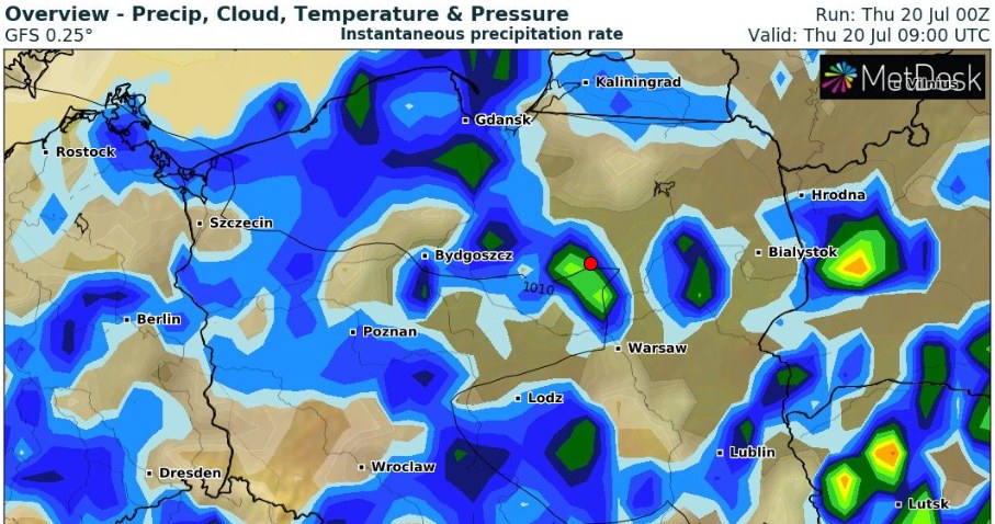 Strefa burz i opadów deszczu obejmie większą część kraju. Najsilniejszych zjawisk należy spodziewać się po południu /wxcharts /