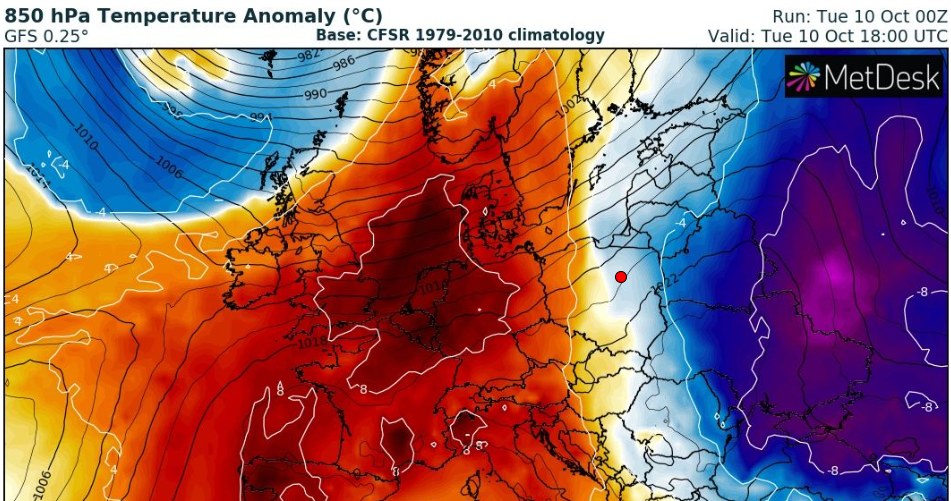 Strefa ciepłego powietrza rozciąga się na zachodzie Europy. Na zachodzie Polski będą wyższe temperatury /wxcharts /