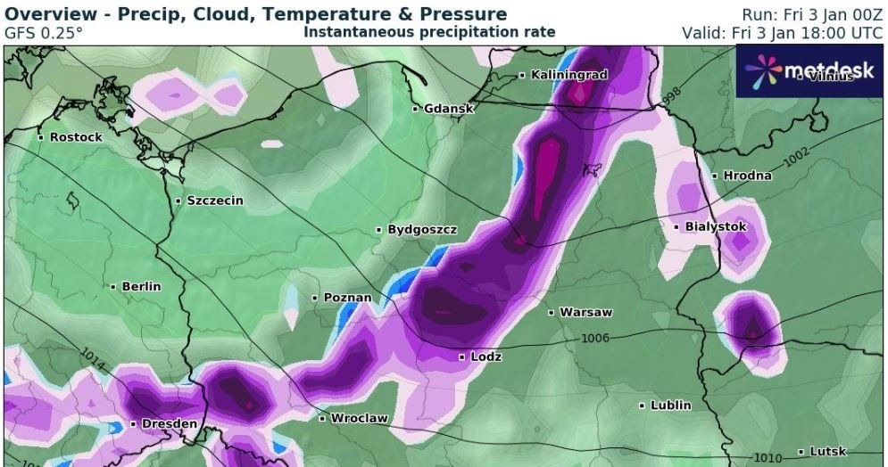 Strefa opadów śniegu przesunie się od północnego zachodu przez cały kraj /wxcharts /