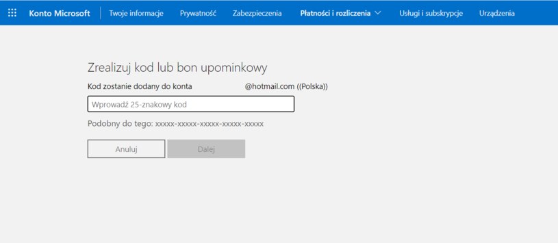 Strona do wpisania kodu /Microsoft /materiały źródłowe