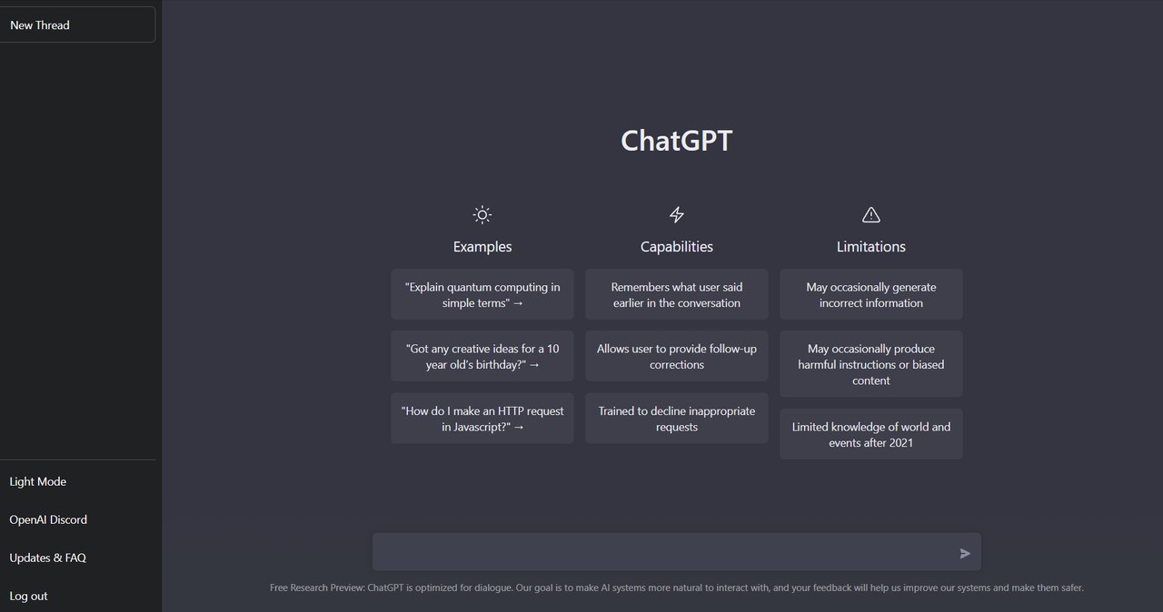 Strona główna po zalogowaniu do ChatGPT informuje o jego możliwościach i ograniczeniach. /chat.openai.com