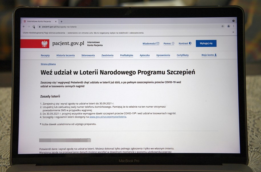 Strona internetowego konta pacjenta. Dzięki niemu można wziąć udział w Loterii Narodowego Programu Szczepień /Darek Delmanowicz /PAP