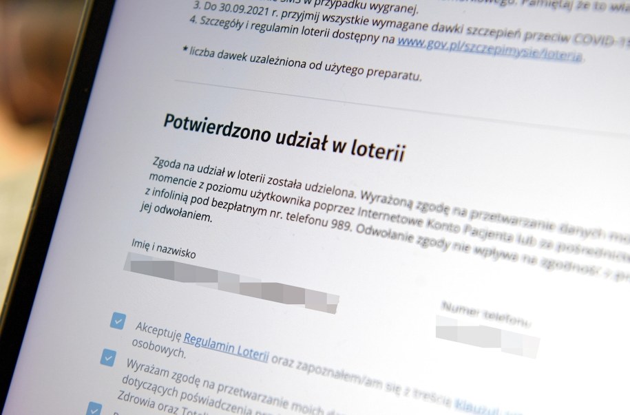 Strona internetowego konta pacjenta. Przez konto można wziąć udział w Loterii Narodowego Programu Szczepień /Darek Delmanowicz /PAP