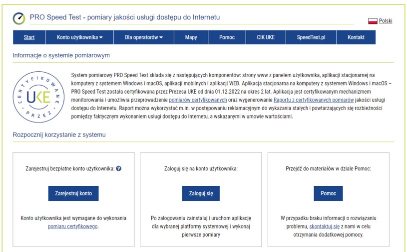 Strona startowa PRO Speed Test - rejestracja to pierwszy kafelek tuż pod informacją o certyfikacji. /Pro.SpeedTest.pl