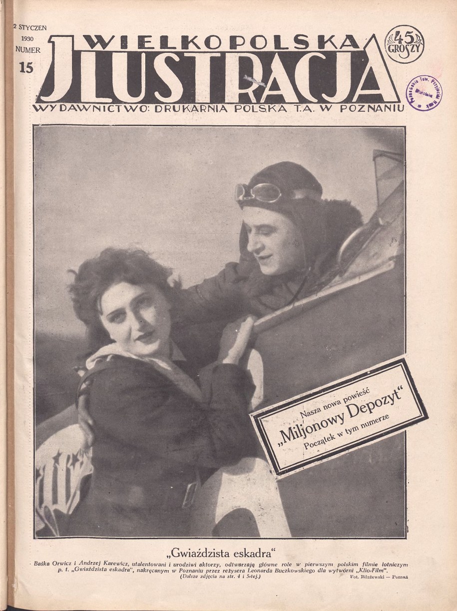 Strona tytułowa czasopisma „Wielkopolska Jlustracja” z 1930 r. z kadrem z filmu „Gwiaździsta eskadra”. /Wielkopolska Biblioteka Cyfrowa /