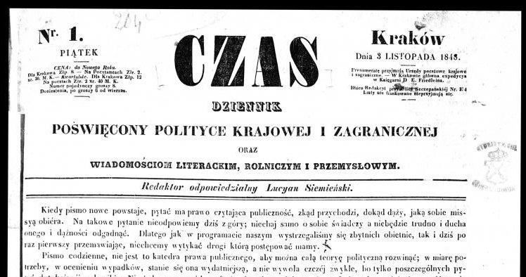 Strona tytułowa pierwszego numeru krakowskiego dziennika "Czas" /Polona /domena publiczna