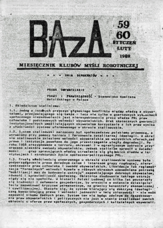 Strona tytułowa pisma Unii Demokratów "Baza" z 1989 r. /Encyklopedia Solidarności /INTERIA.PL