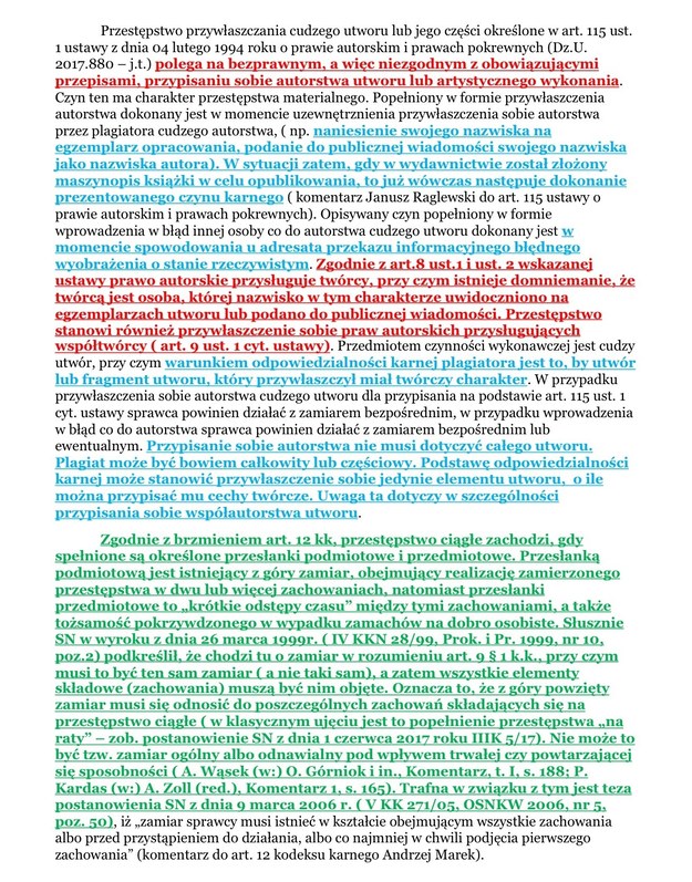 Strona z uzasadnienia wniosku prokuratury, na której kolorami zaznaczono fragmenty, przepisane od innych autorów /