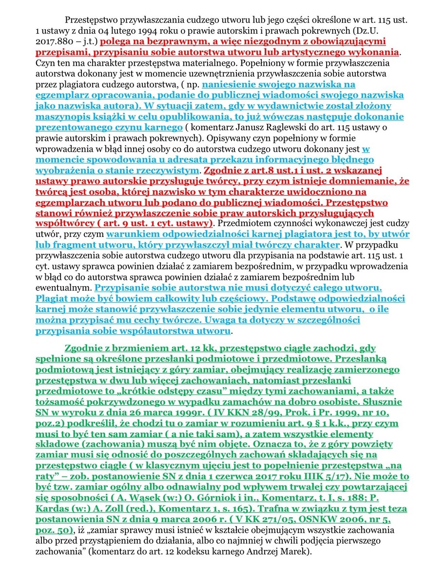 Strona z uzasadnienia wniosku prokuratury, na której kolorami zaznaczono fragmenty, przepisane od innych autorów /