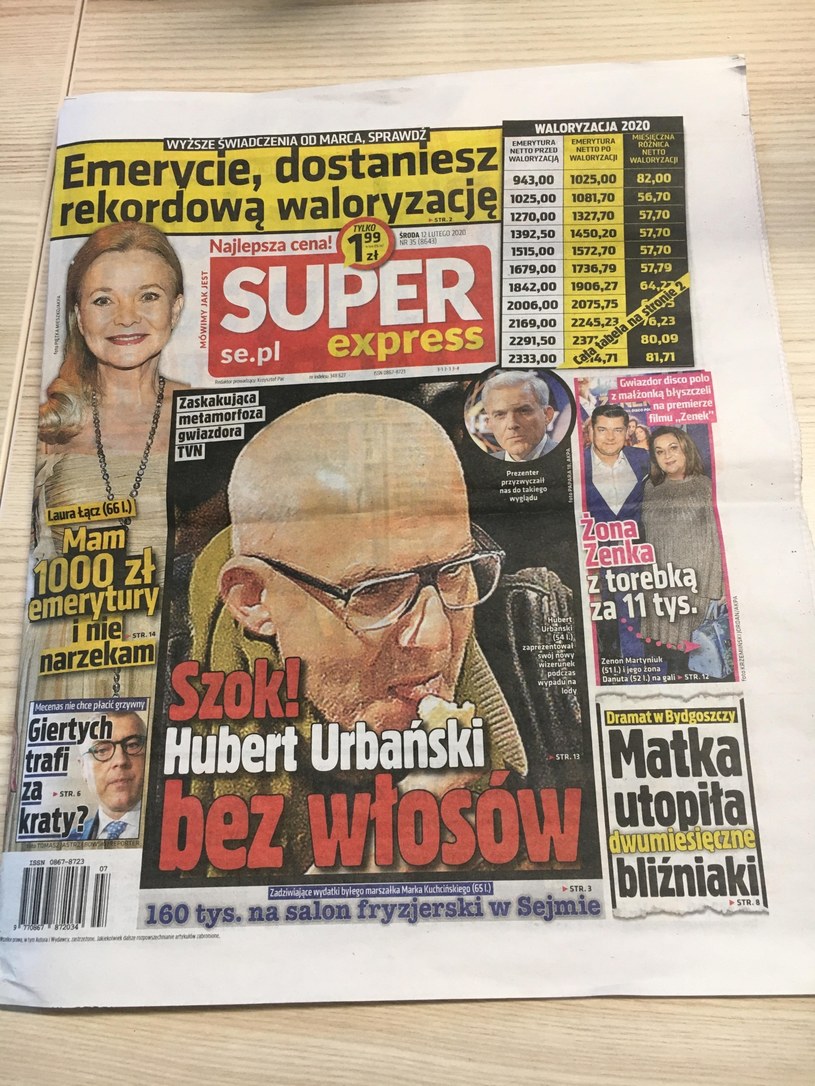 "Super Express" zaprezentował na okładce zdjęcie łysego Huberta Urbańskiego /materiał zewnętrzny