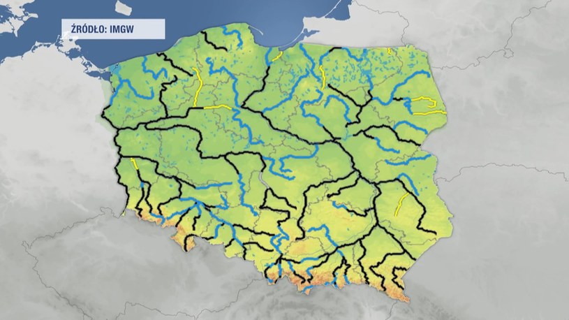 Susza hydrologiczna dotyka już niemal całą Polskę. Na czarno zaznaczono rzeki, gdzie poziom wody jest niebezpiecznie niski /Polsat News/IMGW /Polsat News