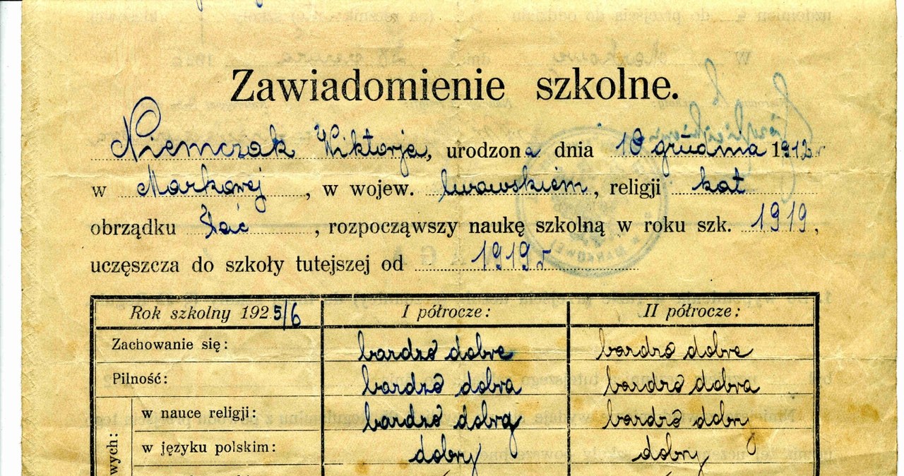 Świadectwo szkolne Wiktorii, z nazwiskiem rodowym Niemczak /Archiwum autora