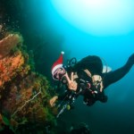 Świąteczne życzenia z głębin. Przystrojona choinka na dnie jeziora