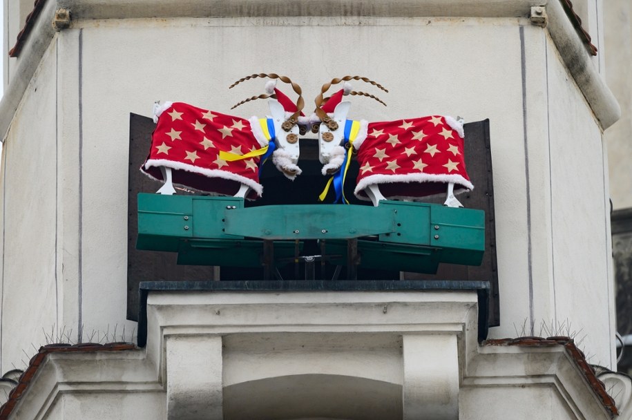 Świątecznie ubrane koziołki na wieży ratusza w Poznaniu (zdjęcie archiwalne) /Jakub Kaczmarczyk /PAP