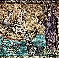 Święty Piotr i św. Andrzej spotykają Jezusa, mozaika z kościoła Sant Apollinare Nuovo w Rawenn /Encyklopedia Internautica