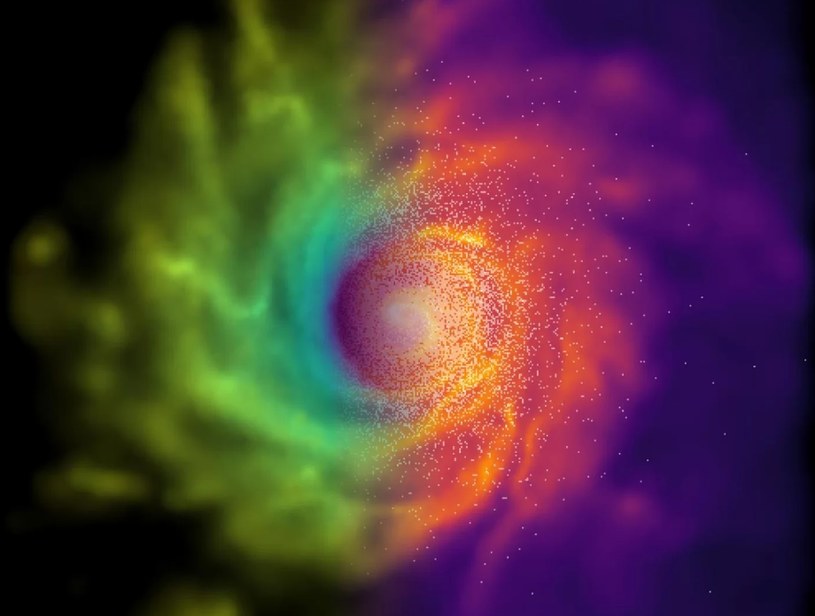 Symulacja dysku galaktyki - prawa strona obrazu pokazuje gęstośc gazu w galaktyce, podczas gdy puntowo są zaznaczaone gwiazdy. Lewa strona pokazuje, jak zmieniają się siły wewnątrz gazu zgodnie z teorią kameleona /Fot. Uniwersytet Durham /materiały prasowe