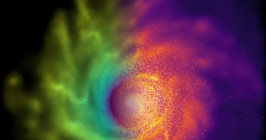 Symulacja dysku galaktyki - prawa strona obrazu pokazuje gęstośc gazu w galaktyce, podczas gdy puntowo są zaznaczaone gwiazdy. Lewa strona pokazuje, jak zmieniają się siły wewnątrz gazu zgodnie z teorią kameleona /Fot. Uniwersytet Durham /materiały prasowe