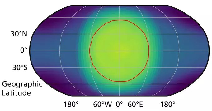 Symulowana mapa temperatury powierzchni Wolfa 1069 b, zakładając współczesną atmosferę podobną do ziemskiej. Mapa jest wyśrodkowana w punkcie, który zawsze jest skierowany w stronę centralnej gwiazdy. Temperatury podano w kelwinach (K). 273,15 K odpowiada temperaturze 0°C. Woda w stanie ciekłym byłaby możliwa na powierzchni planety wewnątrz czerwonej linii.