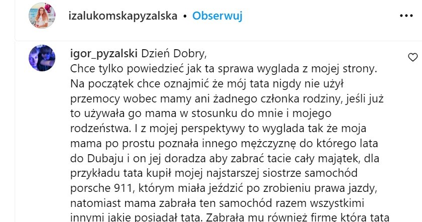 Syn Pyżalskiej komentuje oświadczenie matki