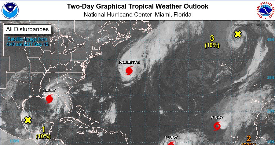 Sytuacja pogodowa na Atlantyku, zdjęcie za National Oceanic and Atmospheric Administration (Krajowa administracja ds. atmosferycznych i oceanicznych) z 15 września 2020 /