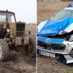 Szaleńczy pościg za traktorem. Radiowóz nie miał szans, obracało nim jak zabawką