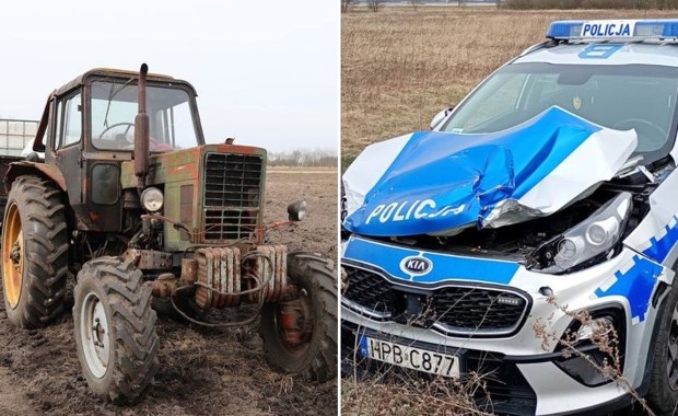 Szaleńczy pościg za traktorem. Radiowóz nie miał szans, obracało nim jak zabawką